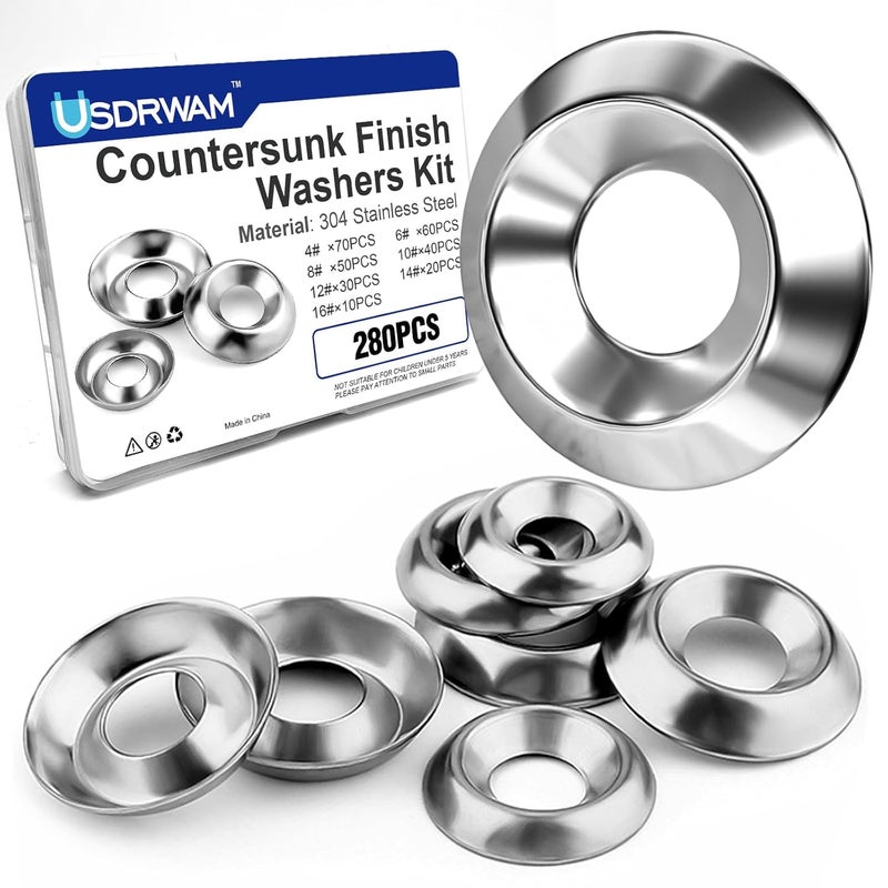 Usdrwam Countersunk Finish Washers, Finish Cup Washers Countersunk Cup Stainless Steel 7 Sizes, 280 Pcs Sliver - Image 1